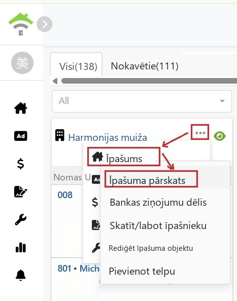 Īpašuma kartītes izvēlnē noklikšķiniet uz īpašuma, pēc tam uz īpašuma pārskata