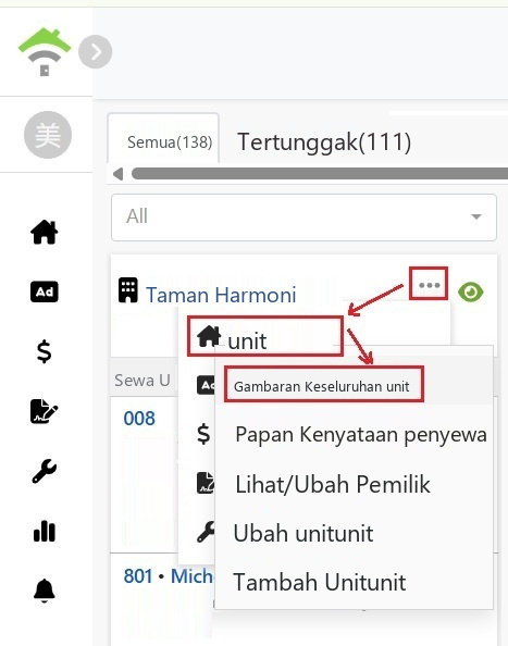 Klik hartanah daripada menu kad, kemudian klik Gambaran Keseluruhan Hartanah
