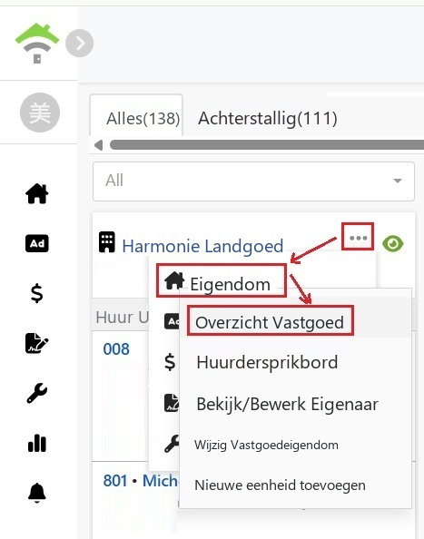 Selecteer Eigendom uit het menu van de eigendomkaart en kies dan Eigendomsoverzicht.