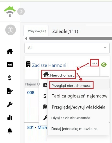 Kliknij nieruchomość z menu karty nieruchomości, a następnie wybierz przegląd nieruchomości