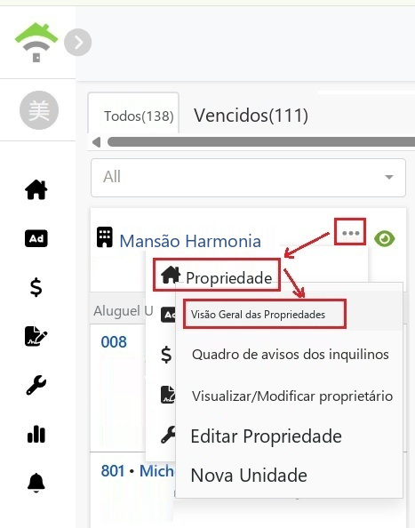 No menu do cartão da propriedade, clique em 