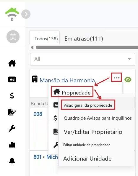 Selecione o imóvel no menu do cartão do imóvel e clique em visão geral do imóvel.