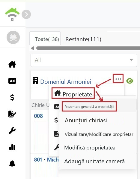 Din meniul cardului proprietății, faceți clic pe proprietate, apoi pe prezentarea generală a proprietății