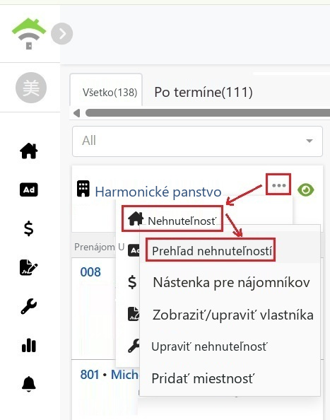 Vyberte nehnuteľnosť z menu na karte nehnuteľnosti a potom kliknite na prehľad.