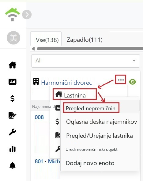Iz menija kartice nepremičnine izberite Nepremičnino, nato Pregled