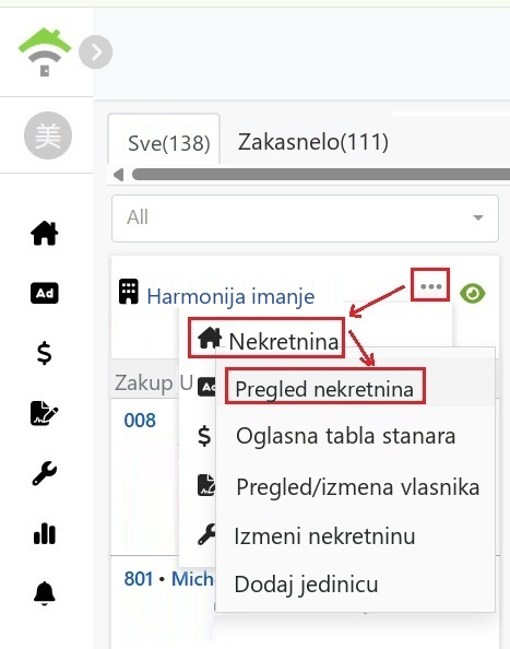 Изаберите некретнину са менија картице некретнине, затим изаберите преглед некретнине