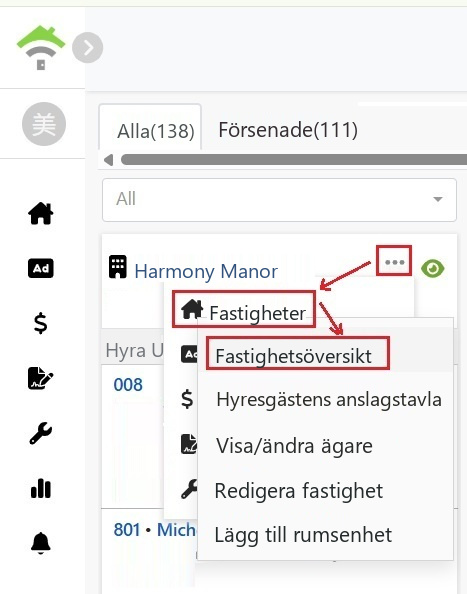 Välj fastighet från kortmenyn och klicka sedan på fastighetsöversikt