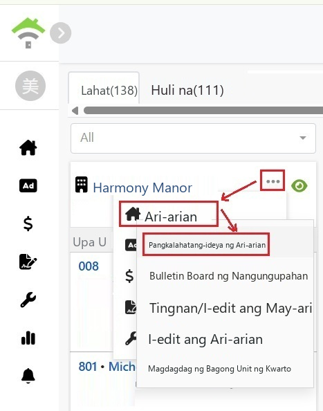I-tap ang menu sa card ng ari-arian, pagkatapos ay piliin ang ari-arian at ang pangkalahatang-ideya.