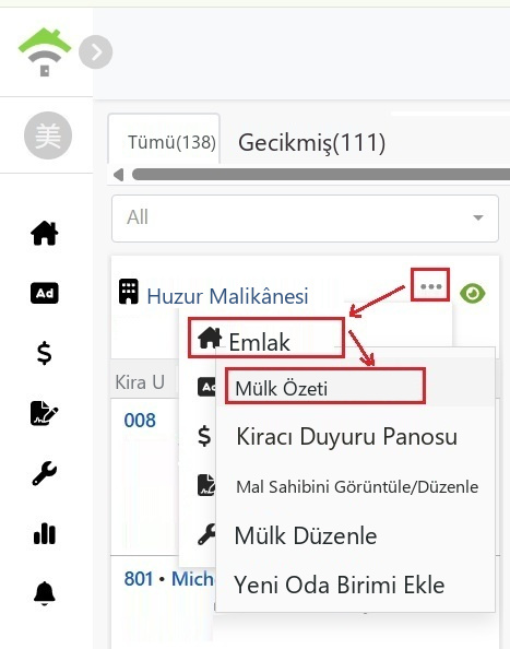 Gayrimenkul kartındaki menüden gayrimenkulü ve ardından genel bakışı seçin