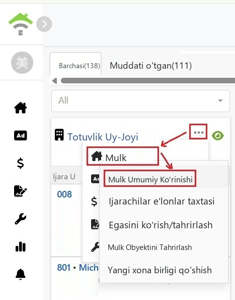 Mulk kartasidagi menyudan mulkni tanlang, keyin umumiy ko'rinishni tanlang.