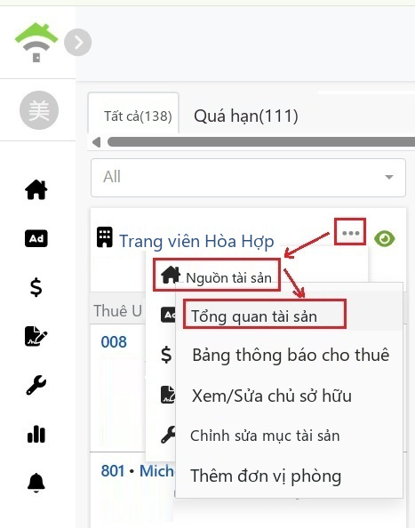 Chọn tài sản từ menu thẻ tài sản, sau đó chọn tổng quan tài sản
