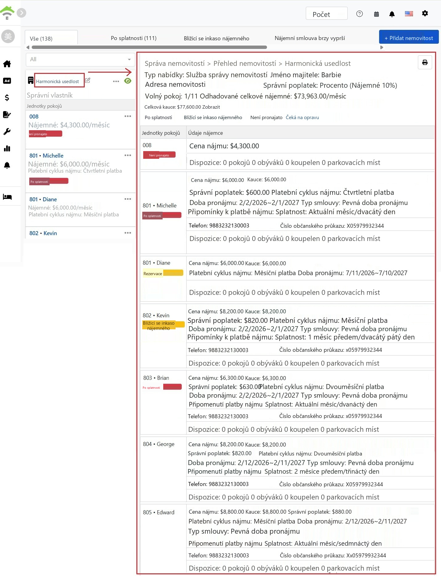 Přehled nemovitostí, nahoře základní informace o nemovitosti a statistika stavu, dole podrobnosti o jednotlivých nájemních smlouvách.