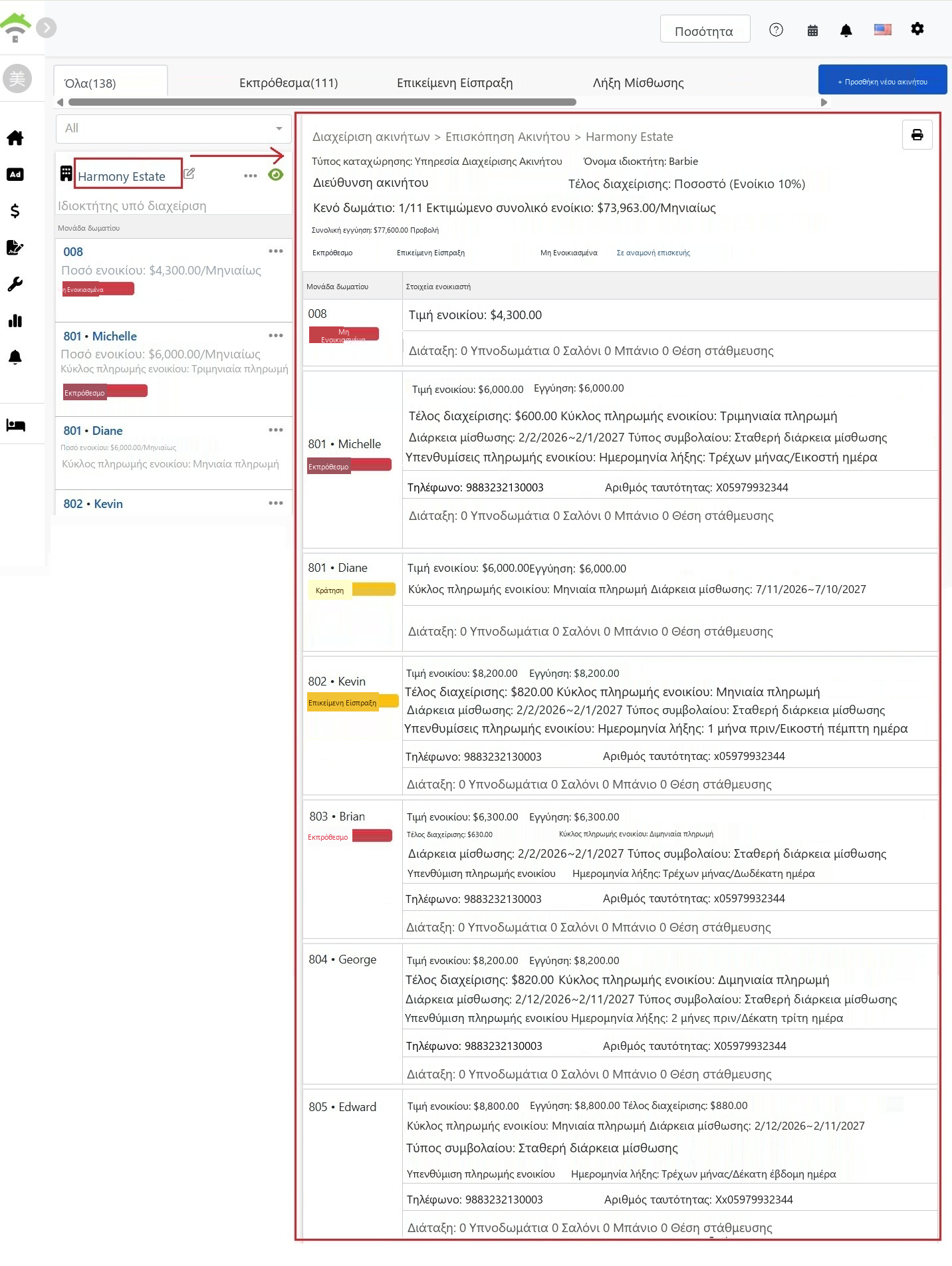Σελίδα υπερεπισκόπησης ακινήτου, πάνω μέρος για βασικές πληροφορίες και στατιστικά κατάστασης, κάτω μέρος για λεπτομερείς καταστάσεις μισθώσεων κάθε δωματίου.