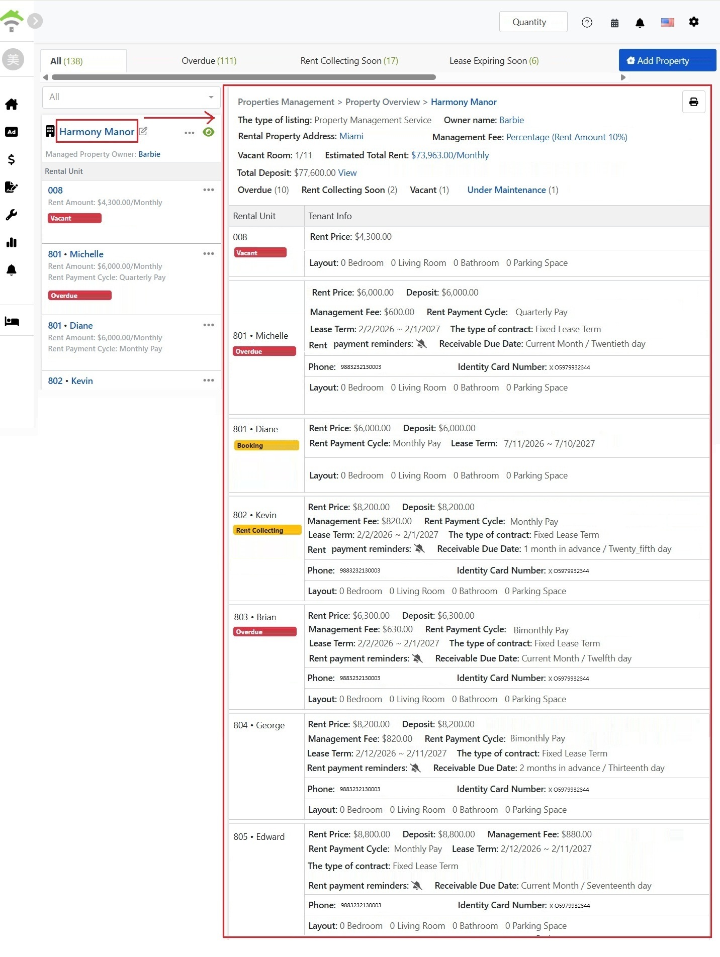 Property overview page, with basic property information and status statistics at the top, and lease details for each room below.