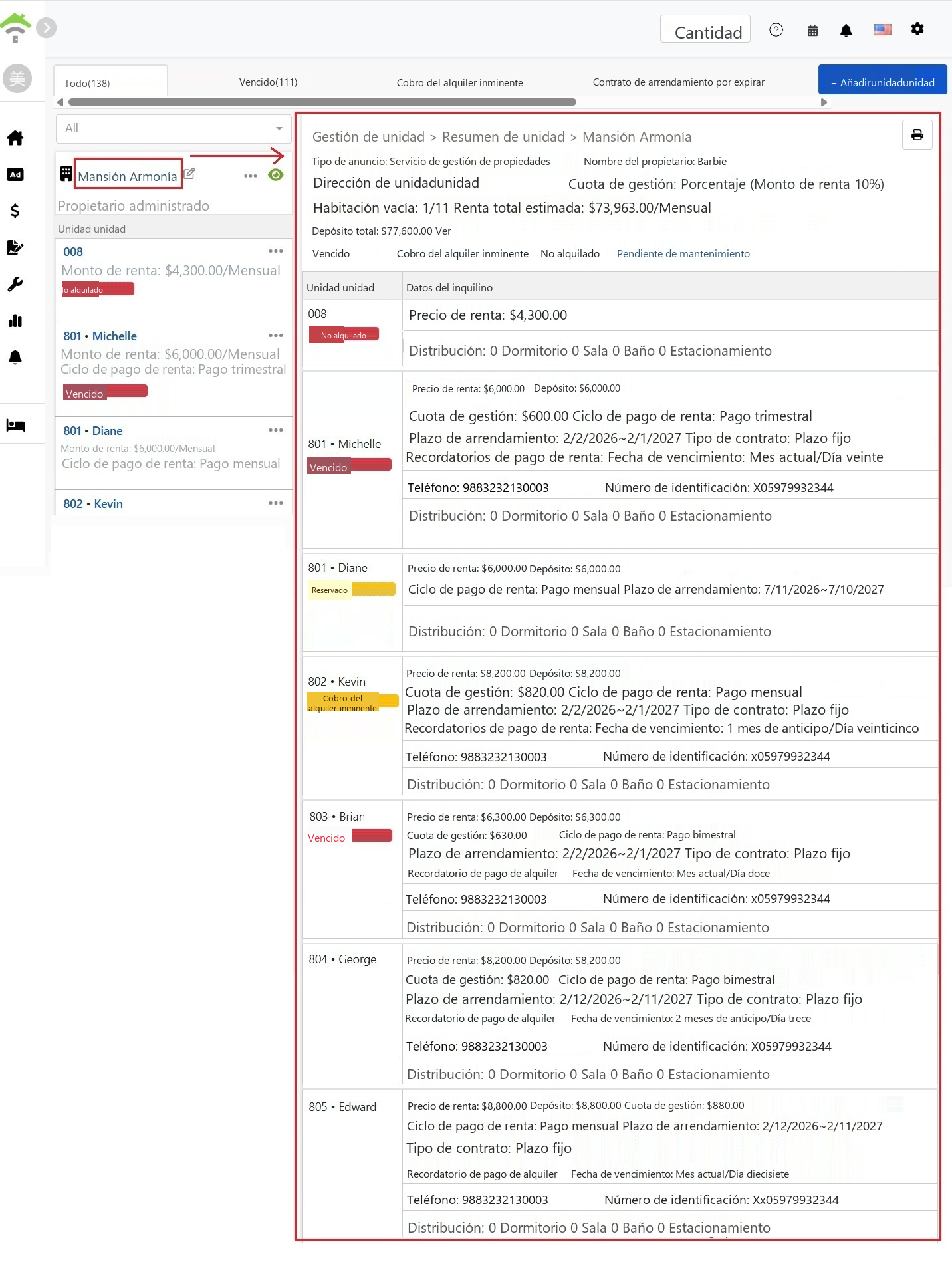 Página de visión general de la propiedad, arriba con información básica de la propiedad y estadísticas de estado, abajo con el detalle del contrato de arrendamiento de cada habitación.