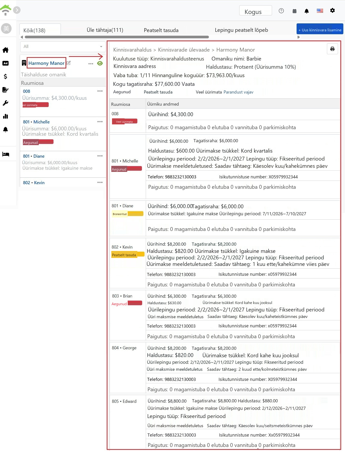 Ülevaate leht sisaldab üleval vara põhiinfot ja olekustatistikat, allpool on iga toa rentimise detailid.