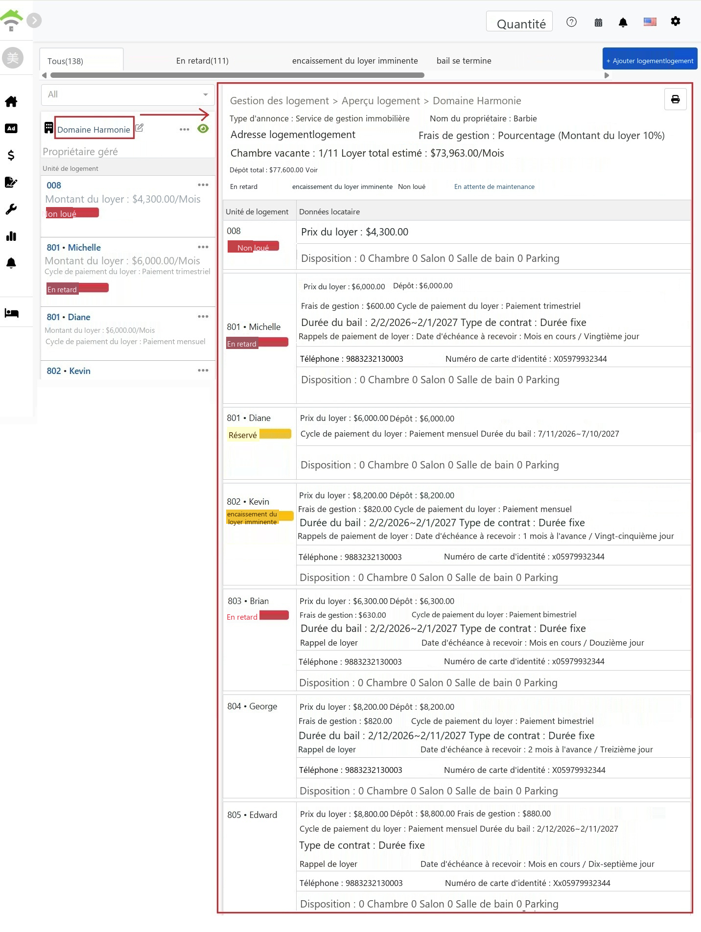Page d'aperçu de la propriété, en haut les informations de base et les statistiques d'état de la propriété, en bas les détails des baux pour chaque chambre.