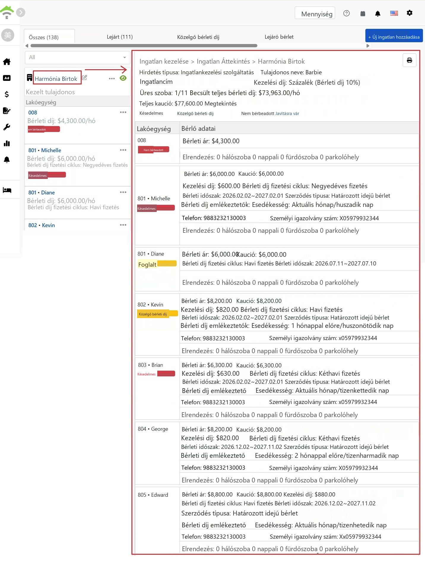 Ingatlan összefoglaló oldal, a fenti részen ingatlan alapinformációkkal és állapotstatisztikával, az alsó részen az egyes szobák bérleti részletei.