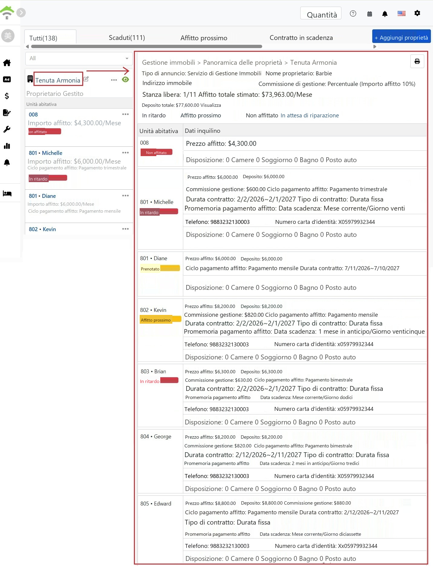 Pagina panoramica della proprietà, con informazioni di base e statistiche di stato in alto e una tabella dettagliata dei contratti di affitto per ogni stanza in basso.