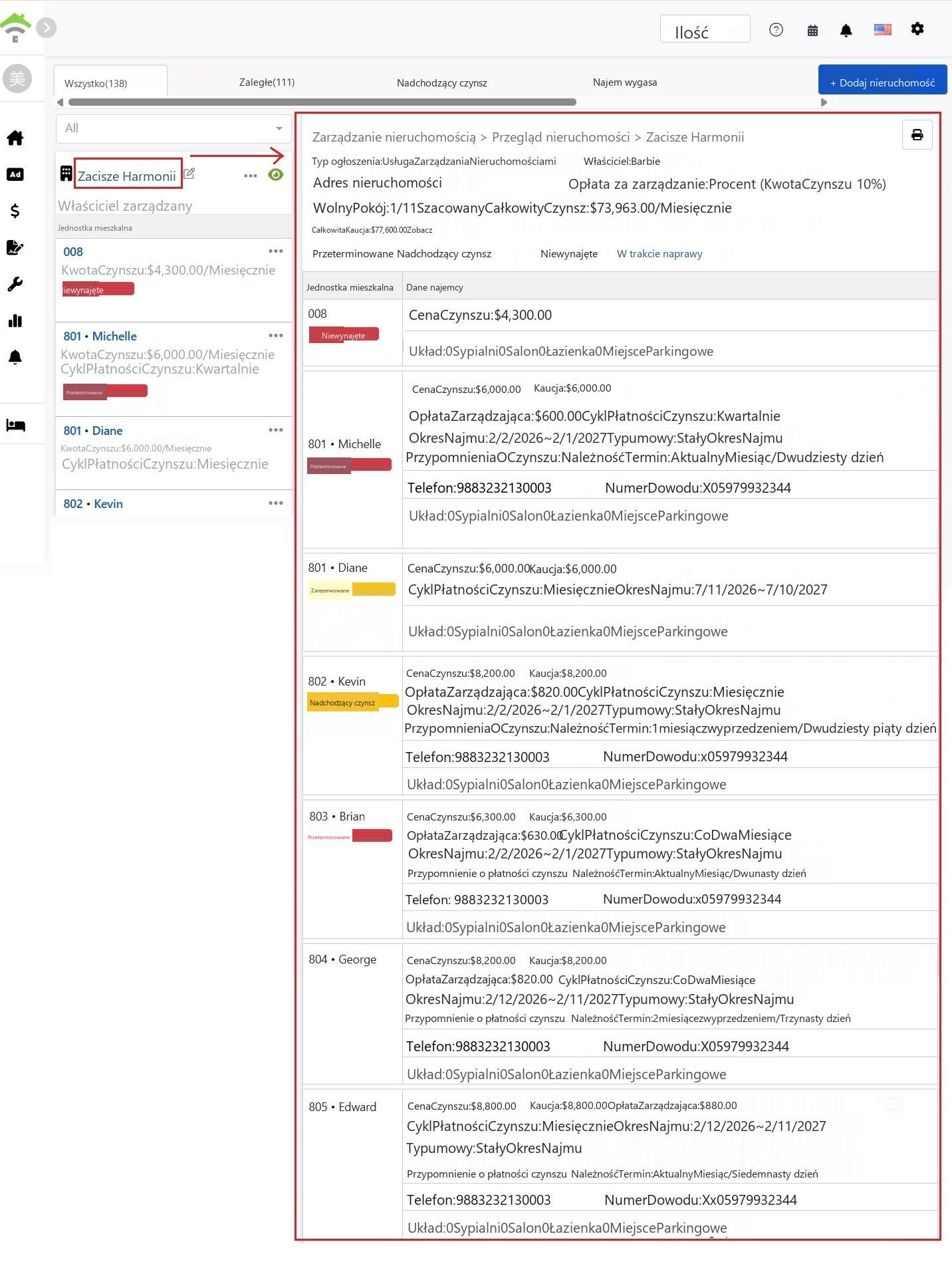 Strona przeglądu zasobów: na górze podstawowe informacje o zasobach i statystyka statusu, na dole szczegóły umów najmu dla poszczególnych pokoi.