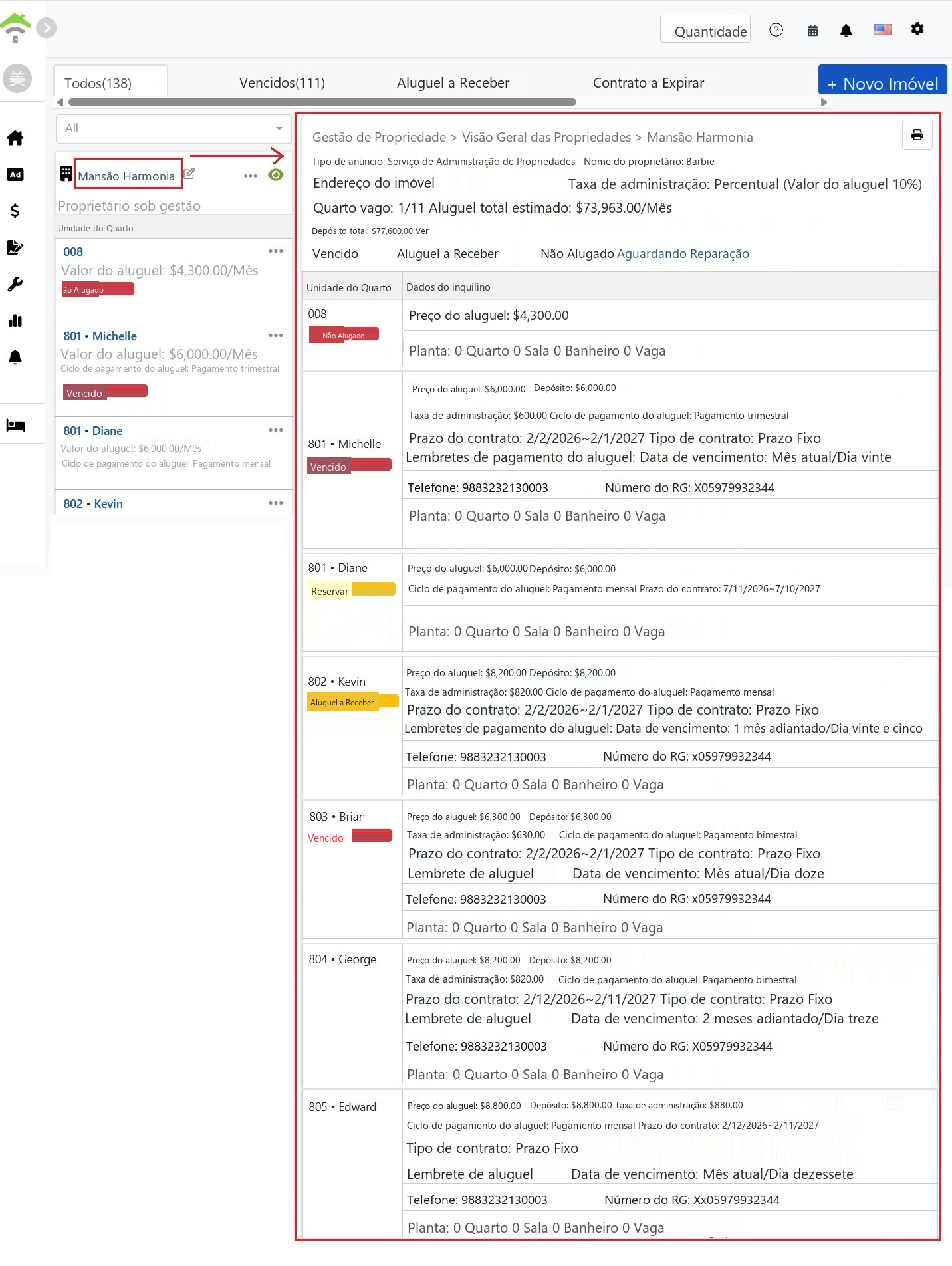 Página de visão geral do imóvel, com informações básicas e estatísticas de status acima, e detalhes dos contratos de cada unidade abaixo.