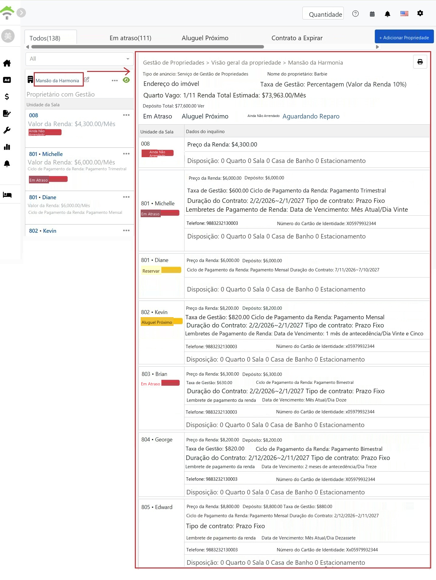 Página de visão geral da propriedade, a parte superior exibe informações básicas da propriedade e estatísticas de estado, enquanto a parte inferior exibe o detalhe de cada contrato de quarto.