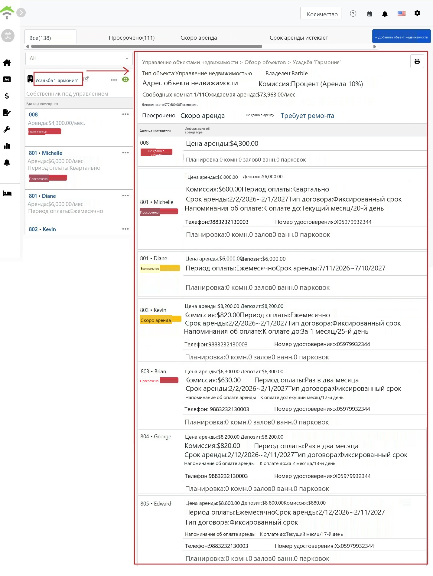 Страница обзора недвижимости: вверху базовая информация и статистика состояния, внизу таблица деталей аренды для каждой комнаты.