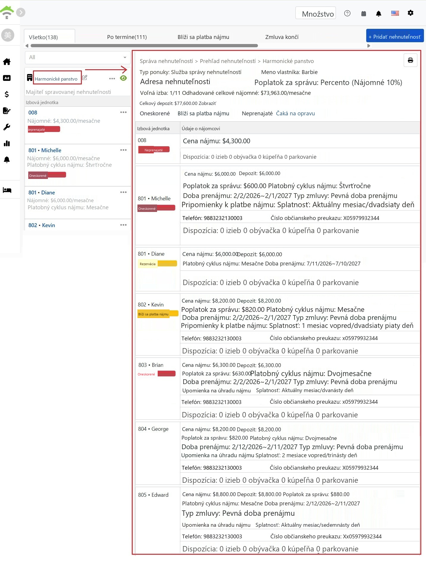Prehľadová stránka nehnuteľností, kde sú uvedené základné informácie a štatistiky stavu hore a prehľad zmlúv jednotlivých jednotiek dole.