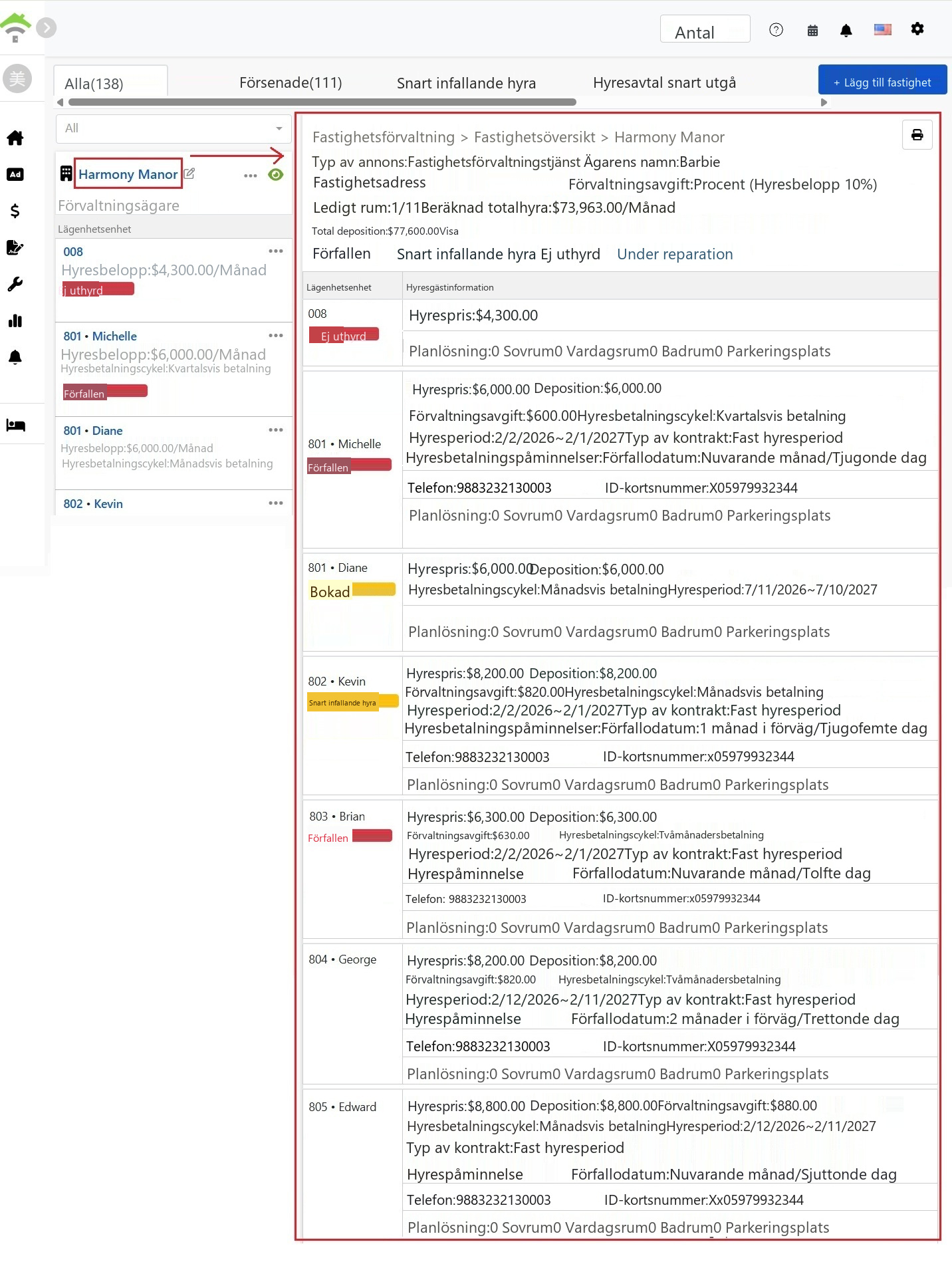 Fastighetsöversikt med grundläggande information och statusstatistik överst, nedanför finns en detaljerad hyreskontraktslista för varje rum.
