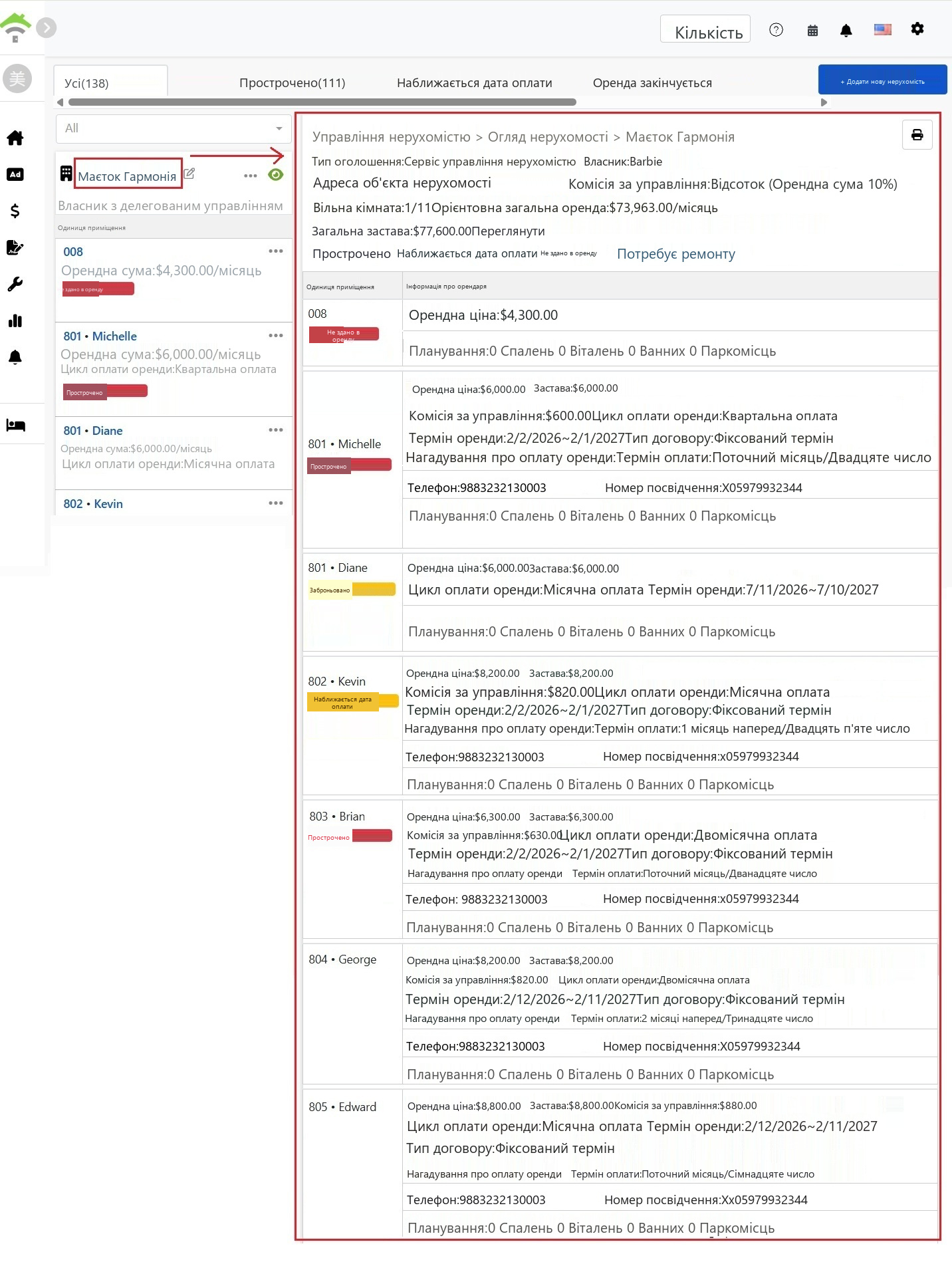 Сторінка огляду нерухомості з базовою інформацією про об'єкт нагорі та статистикою стану, а нижче — деталізація оренд для кожної кімнати.
