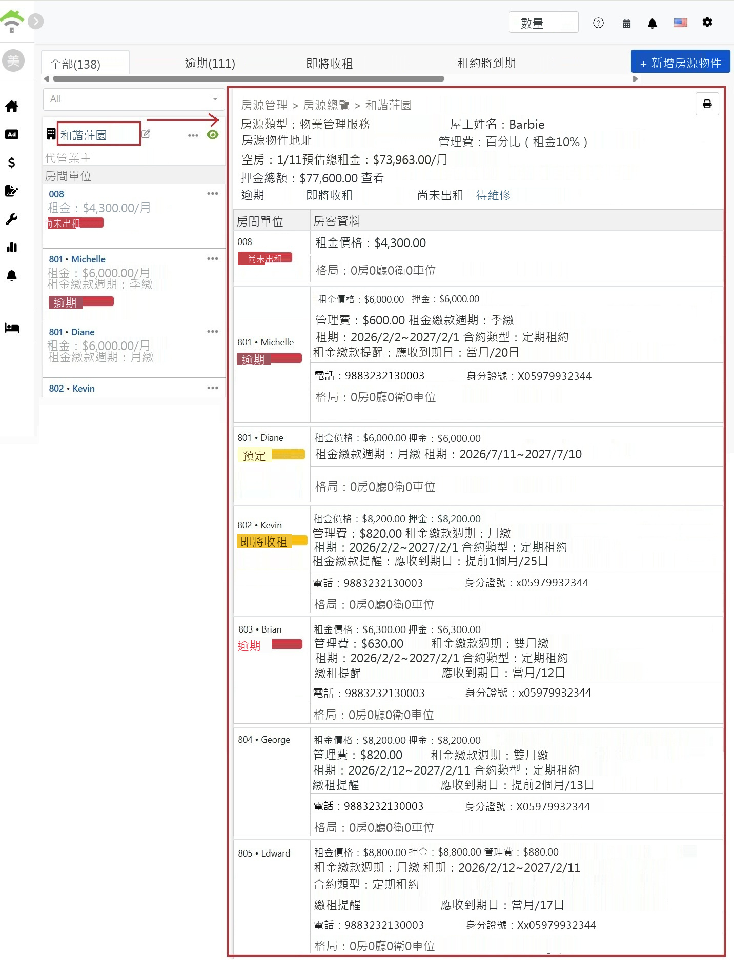 房源總覽頁面，上方為房源基本資訊與狀態統計，下方為各房間的租約明細表