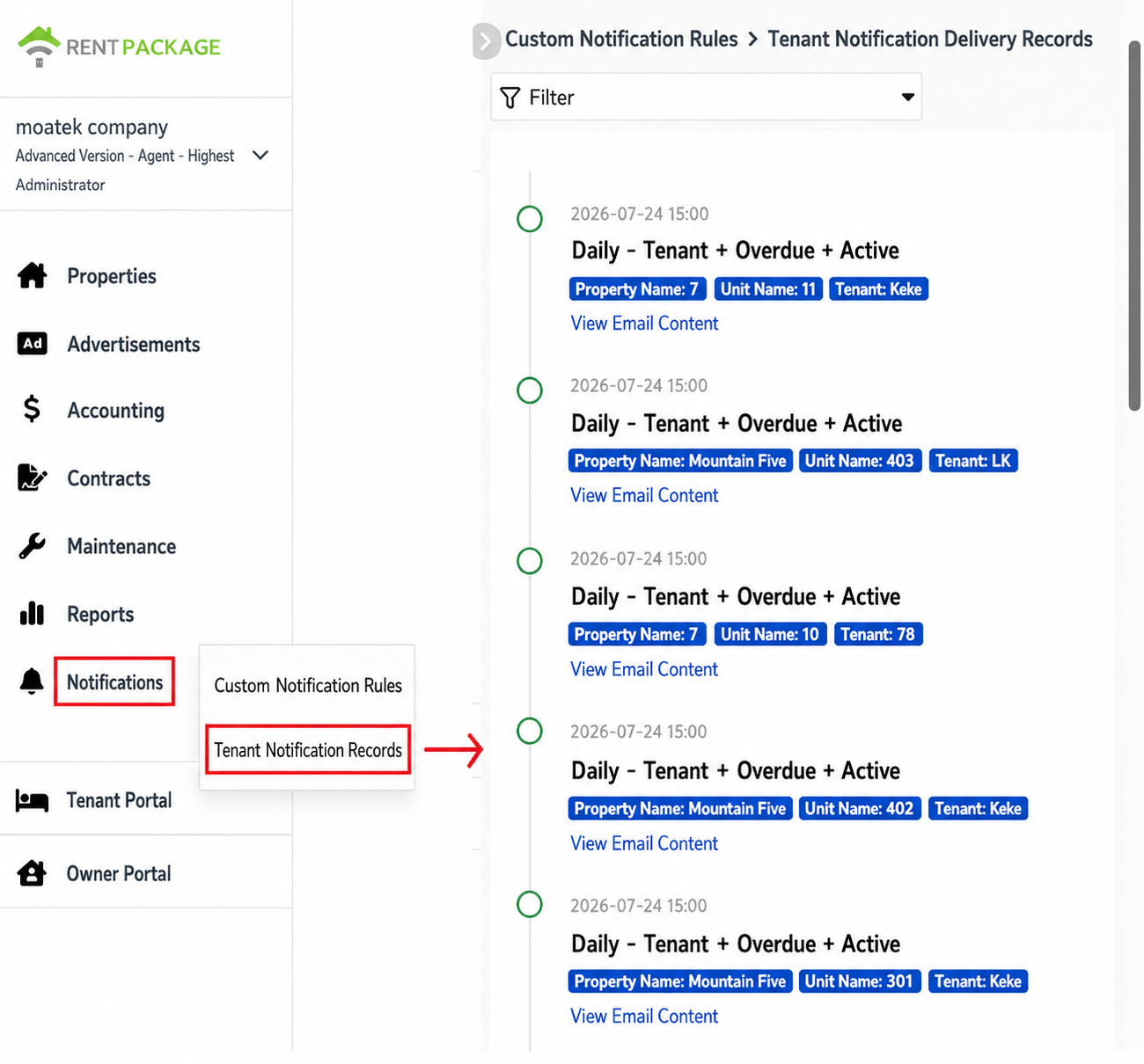 Enter the Tenant Notification Records from the notification menu to list each delivery notice by time and view the email content link.