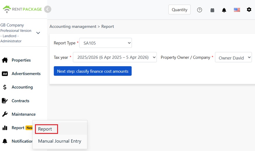 Select SA105 as the report type