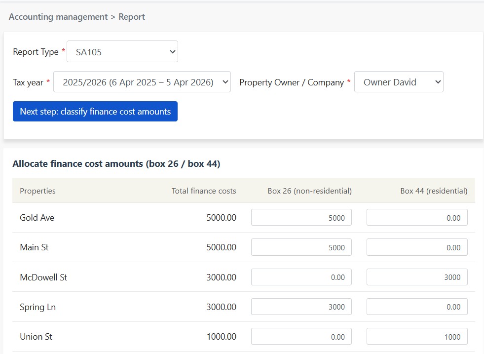 Allocate Finance Costs (Box 26 / Box 44)