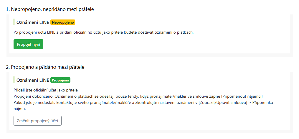 Stav propojení LINE na stránce úpravy nájemníka
