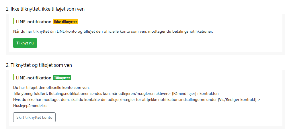 LINE-tilknytningsstatus på siden til redigering af lejer