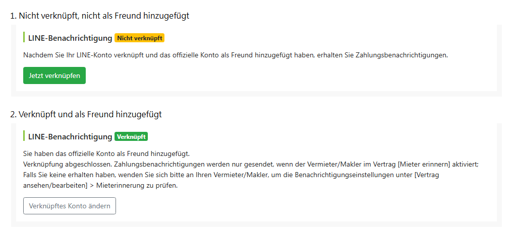 LINE-Verknüpfungsstatus auf der Seite Mieter bearbeiten