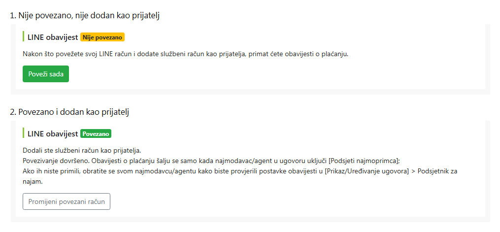 Status povezivanja s LINE-om na stranici za uređivanje najmoprimca
