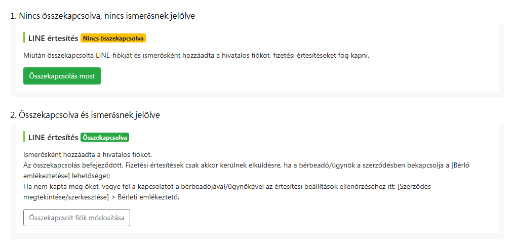 LINE-összekapcsolási állapot a bérlő szerkesztése oldalon