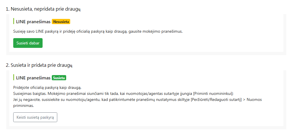 LINE susiejimo būsena nuomininko redagavimo puslapyje