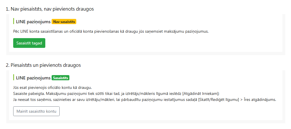 LINE sasaistes statuss īrnieka rediģēšanas lapā