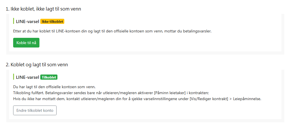 LINE-koblingsstatus på siden for å redigere leietaker