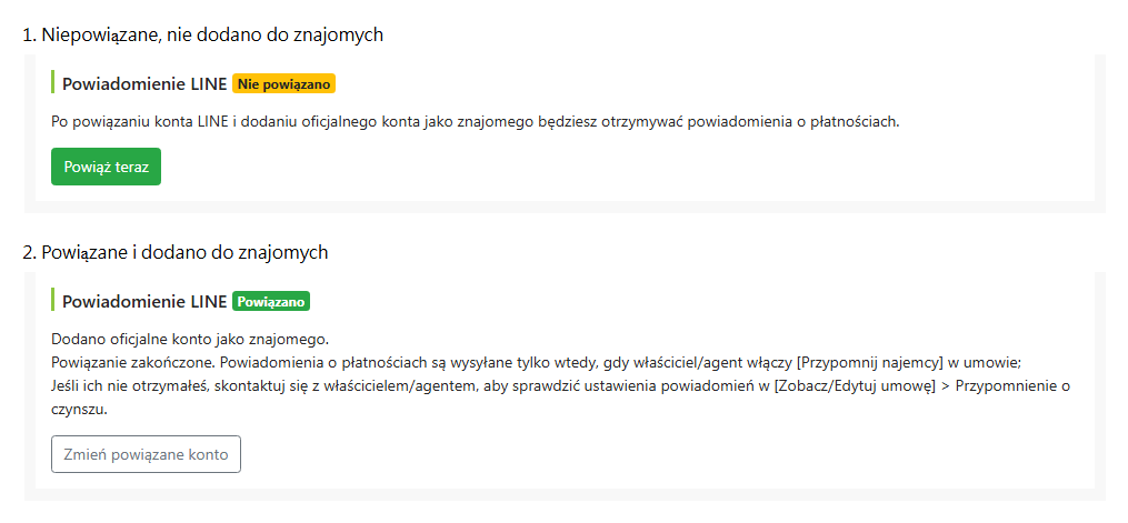Status powiązania LINE na stronie edycji najemcy