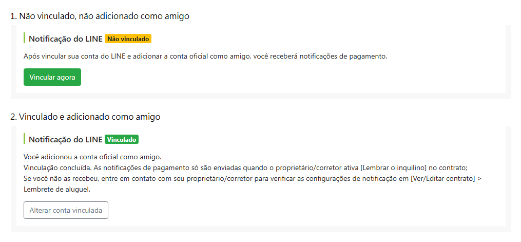 Status de vinculação do LINE na página de editar inquilino