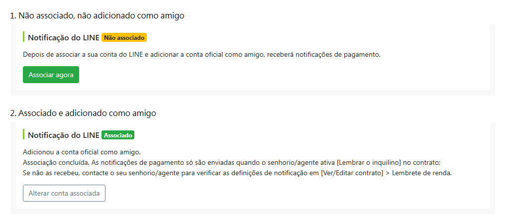 Estado de associação do LINE na página de editar inquilino