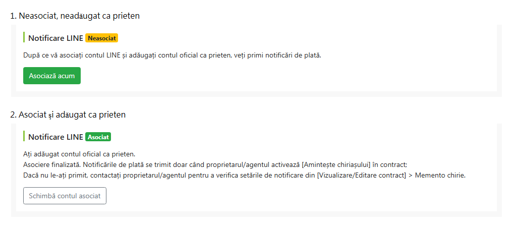Starea asocierii LINE în pagina de modificare a chiriașului