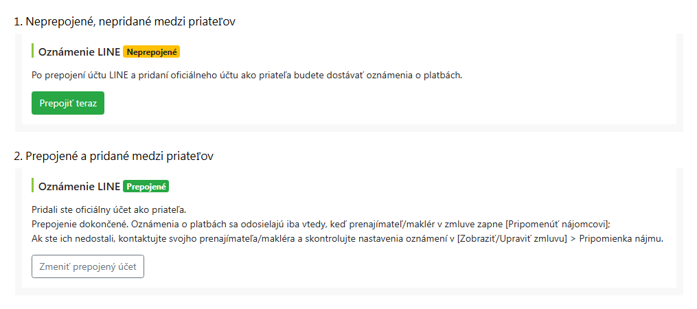 Stav prepojenia LINE na stránke úpravy nájomníka