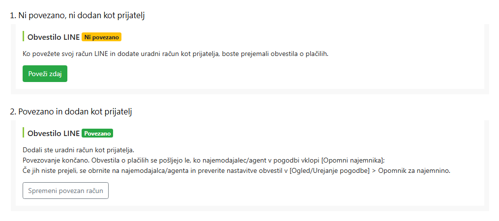 Stanje povezave z LINE na strani za urejanje najemnika