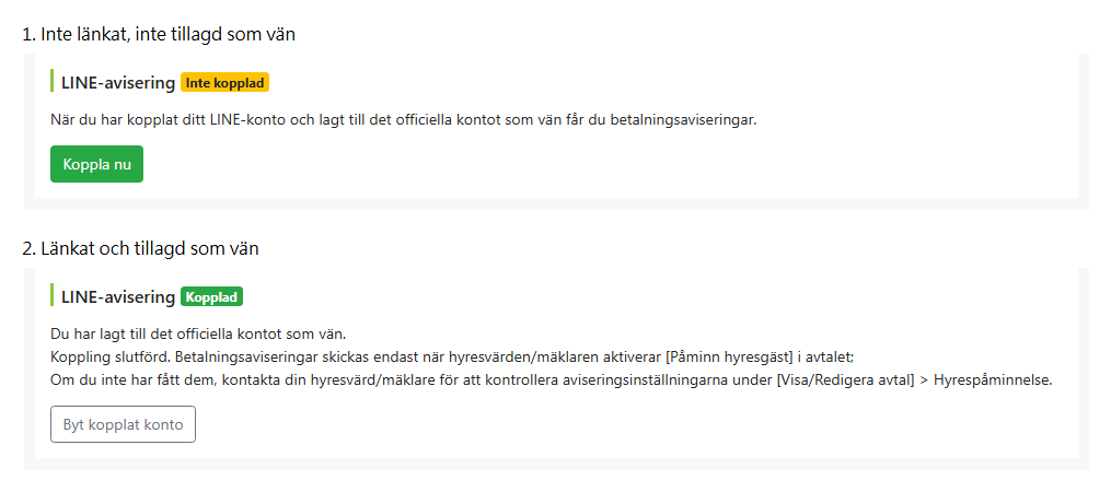 LINE-kopplingsstatus på sidan för att redigera hyresgäst