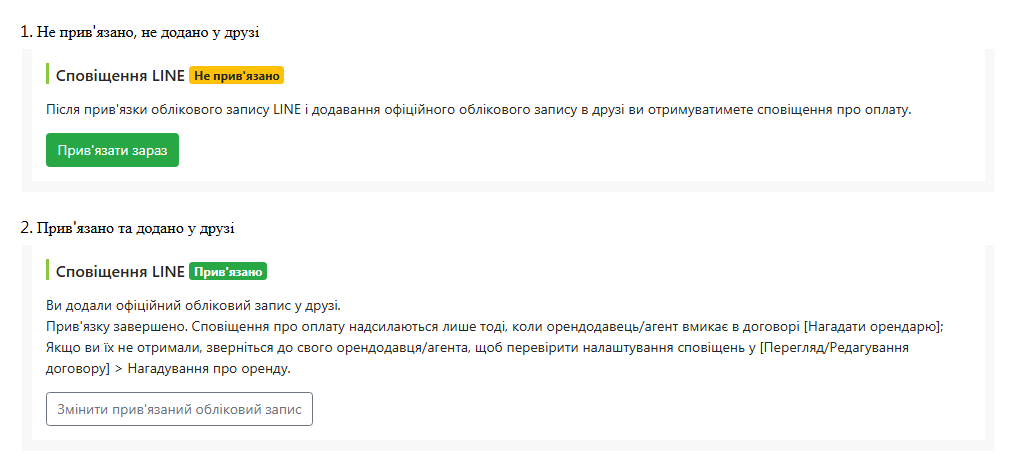 Статус прив'язки LINE на сторінці редагування орендаря